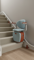 Curved stair lift custom-fitted pale blue seat