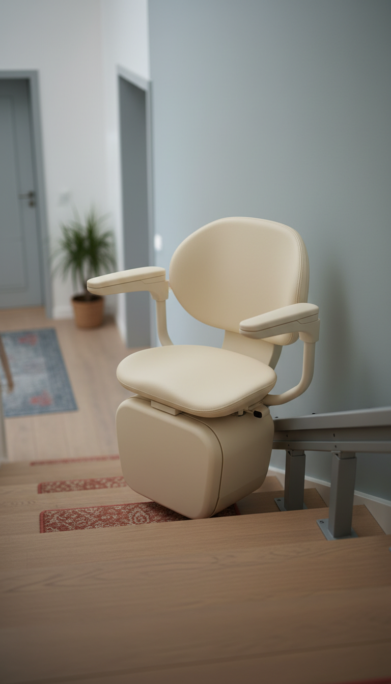 Compact stair lift seat in ivory sand